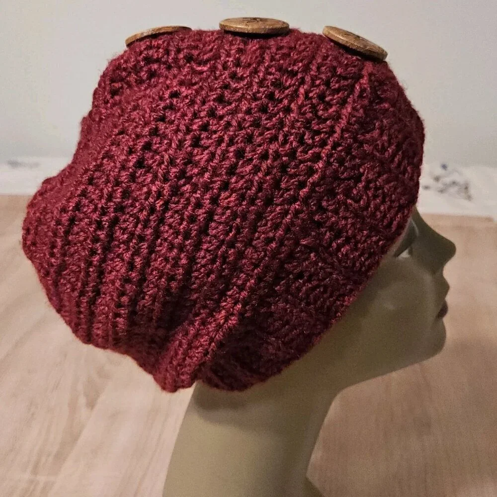 Hand-Made - Knitted Winter Beanie Three Button Knit Hat - One-Size - Red Warm!